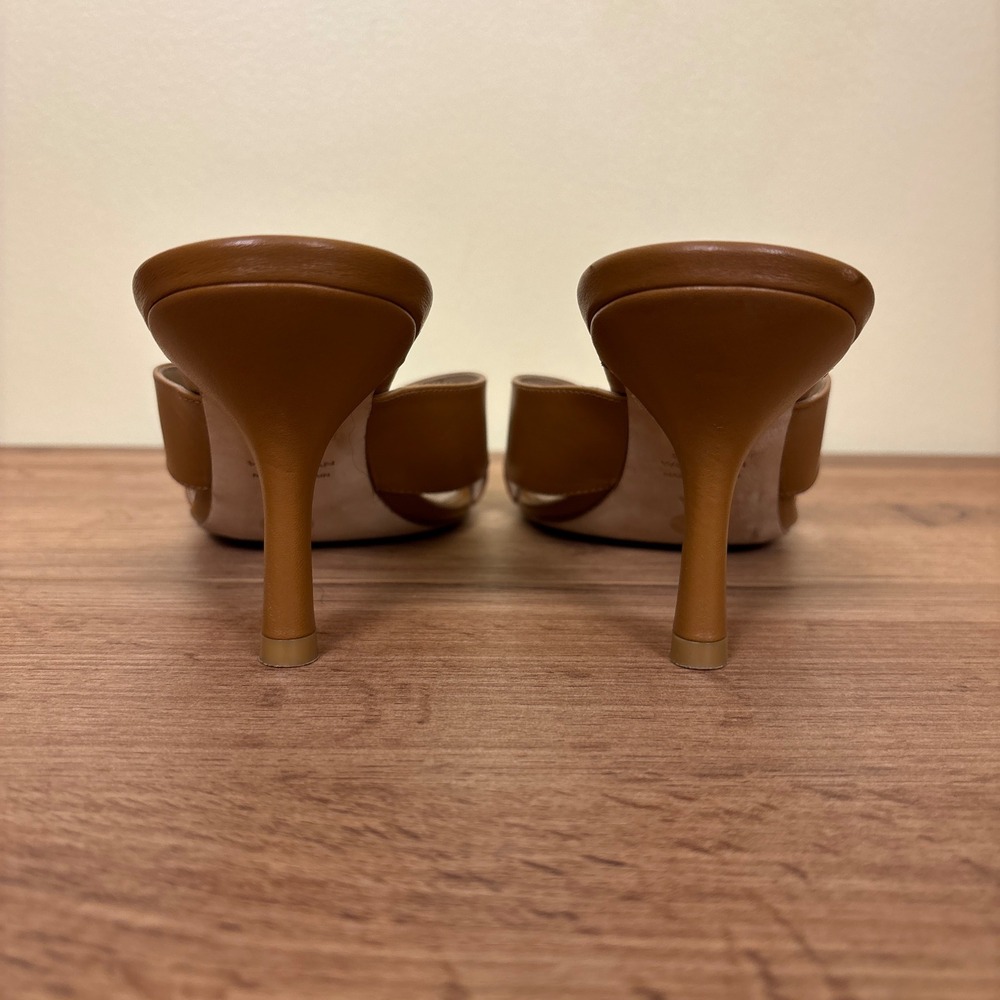 STUART WEITZMAN Dayna Sandal Heels Size 8.5 Macchiato Tan Leather Square Toe - Picture 9 of 11